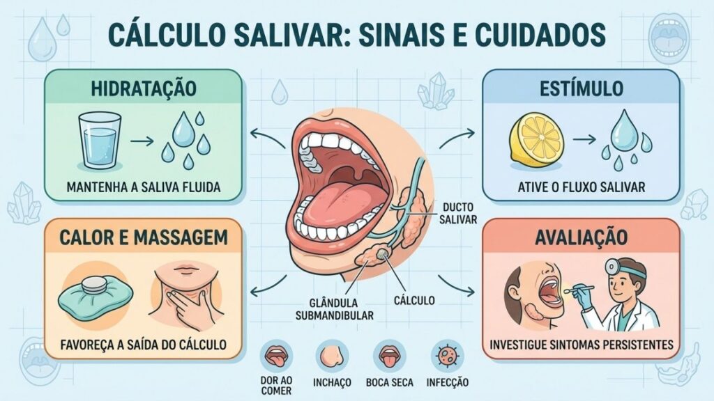 Hidratação, estímulo salivar, massagem e avaliação ajudam no controle da sialolitíase.