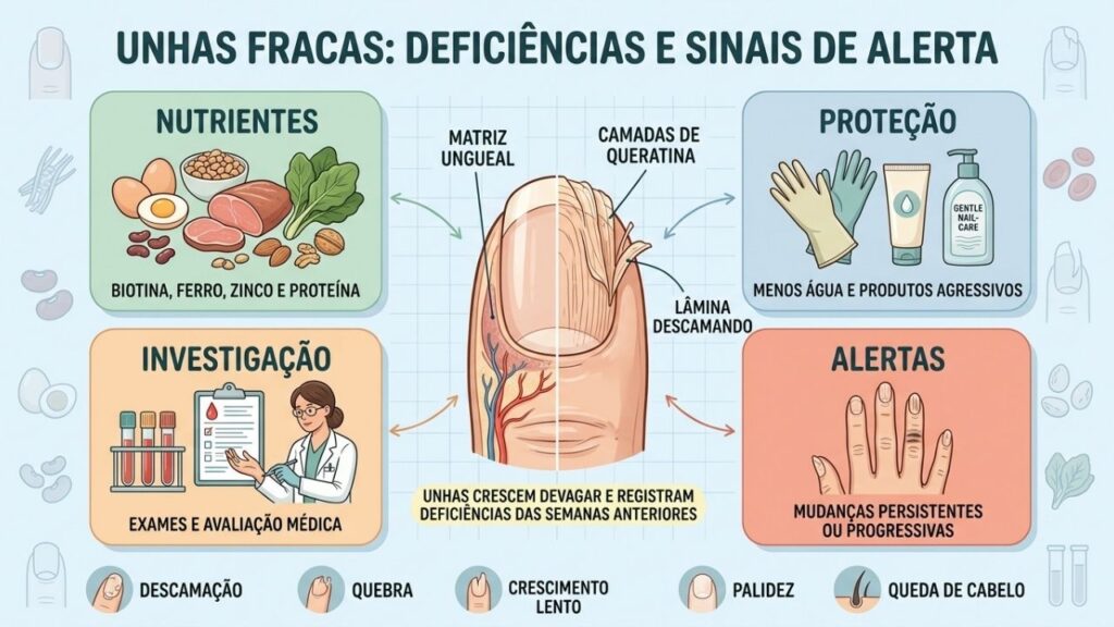 Nutrientes, proteção, investigação e sinais de alerta orientam unhas frágeis.
