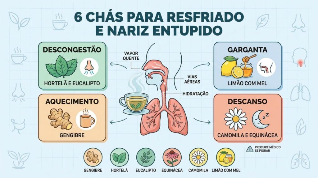 Seis chás e cuidados de apoio para aliviar sintomas do resfriado.