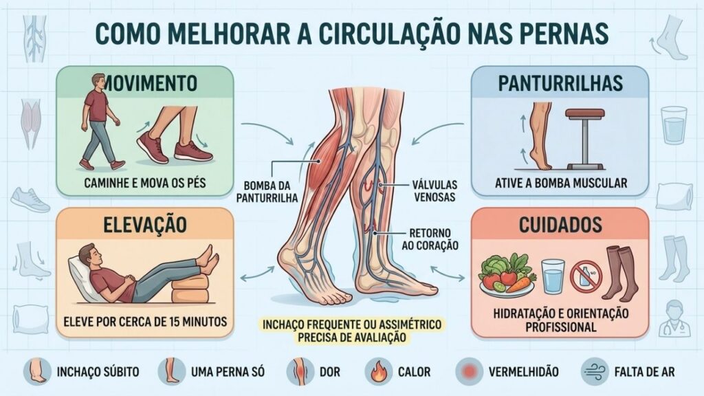 Movimento, panturrilhas, elevação e cuidados diários ajudam a reduzir o inchaço.