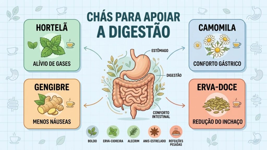 Hortelã, camomila, gengibre e erva-doce apoiam o conforto digestivo.