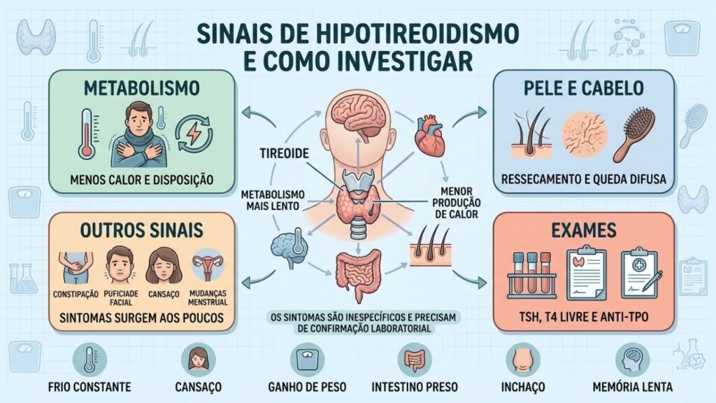 Metabolismo, pele, sintomas e exames ajudam a investigar a tireoide lenta.