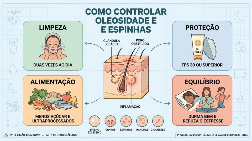Limpeza, proteção solar, alimentação e equilíbrio ajudam a controlar a acne.