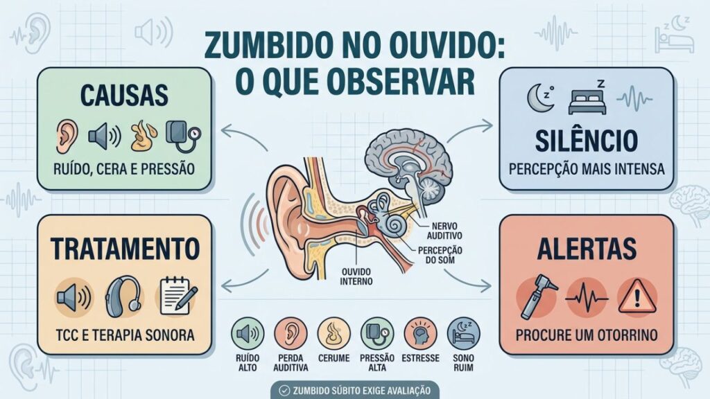 Causas, tratamentos e sinais de alerta orientam o cuidado com tinnitus.