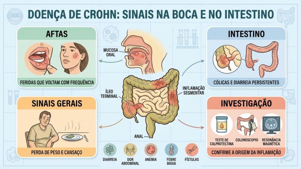 Aftas, inflamação intestinal, perda de peso e exames orientam a investigação.