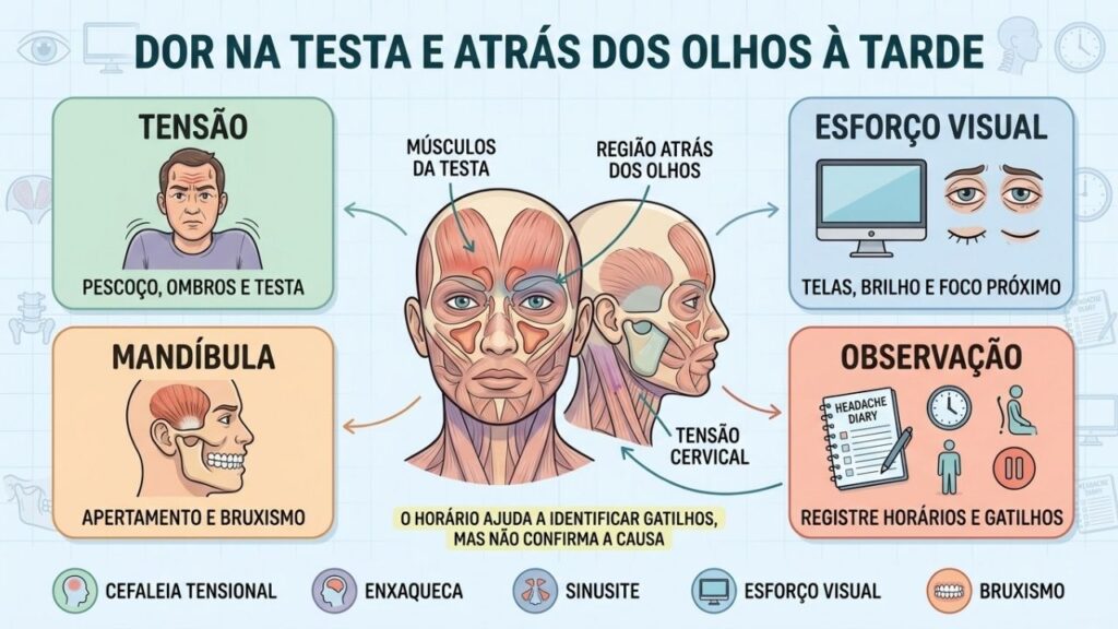 Tensão, esforço visual, mandíbula e rotina ajudam a investigar a cefaleia.