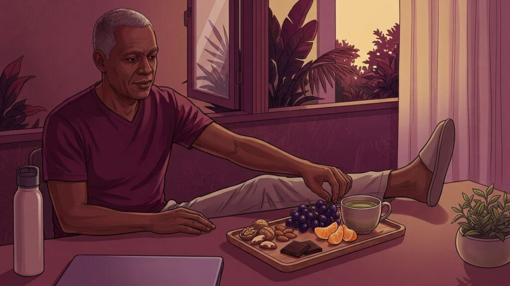 Porções moderadas transformam alimentos antioxidantes em um lanche favorável à circulação.