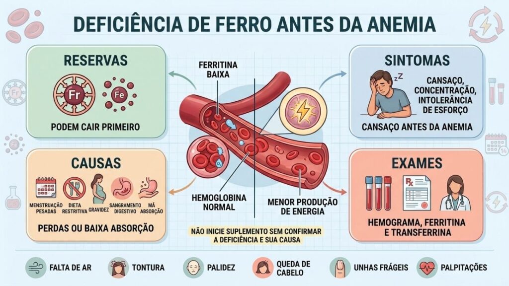 Reservas, sintomas, causas e exames orientam a investigação da deficiência de ferro.