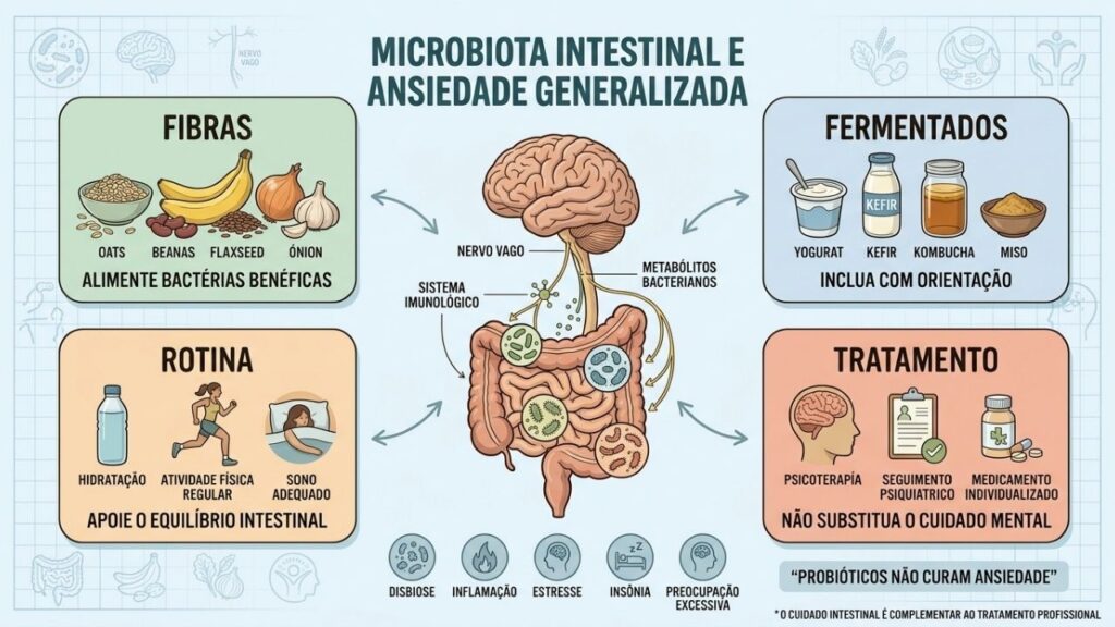 Fibras, fermentados, rotina saudável e tratamento profissional apoiam o eixo intestino-cérebro.
