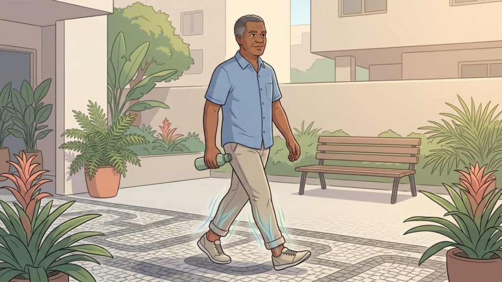 Caminhadas leves ativam a panturrilha e reduzem o peso nas pernas.