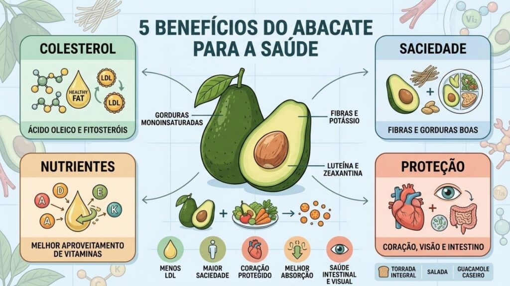 Gorduras boas, fibras e antioxidantes explicam cinco benefícios do abacate.