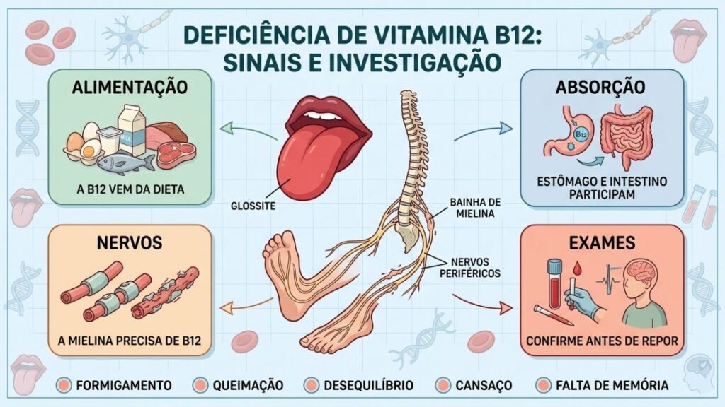 Alimentação, absorção, mielina e exames orientam a investigação da deficiência de B12.