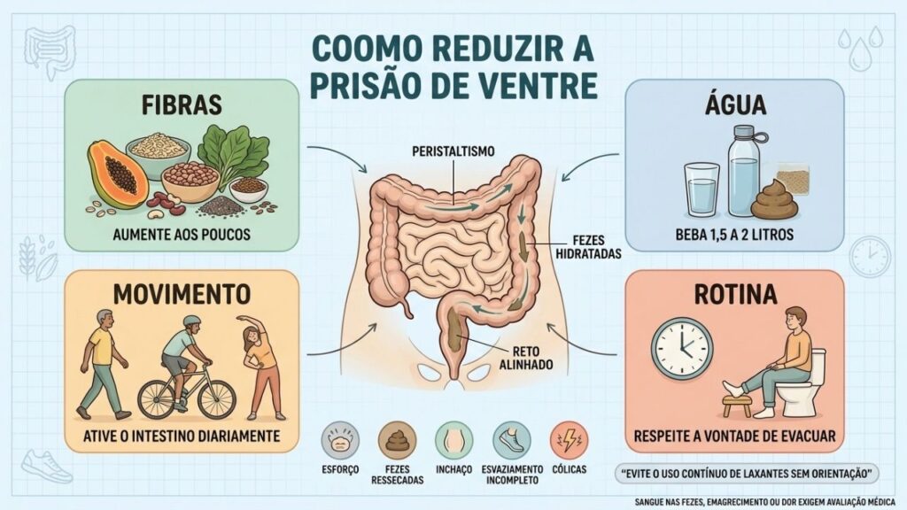 Fibras, água, movimento e rotina formam a base do intestino regular.