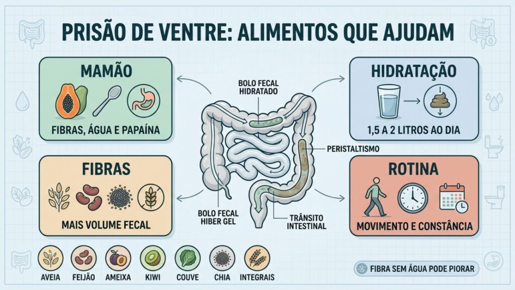 Mamão com fibras e água favorece um trânsito intestinal regular.