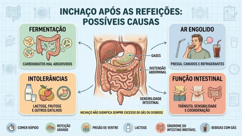 Fermentação, ar, intolerâncias e função intestinal explicam diferentes tipos de inchaço.