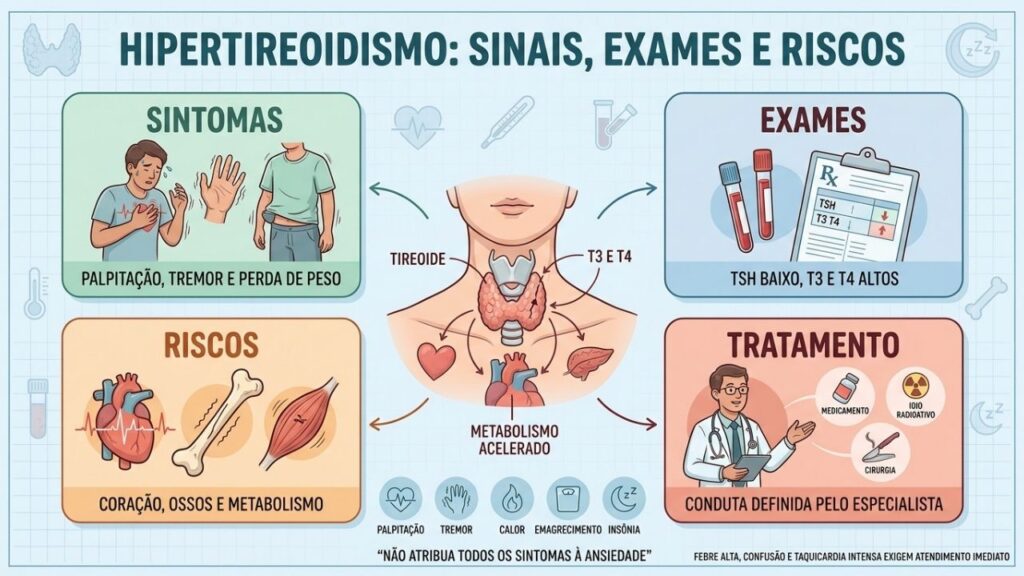 Sintomas, exames, riscos e tratamento orientam a investigação do hipertireoidismo.
