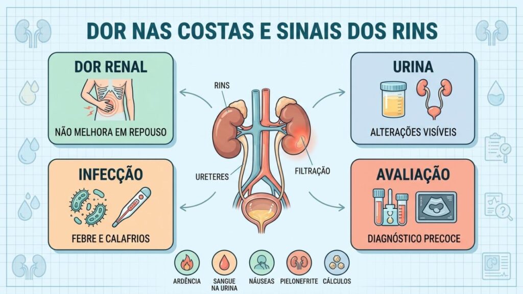 Dor renal, alterações urinárias e febre são sinais de alerta.