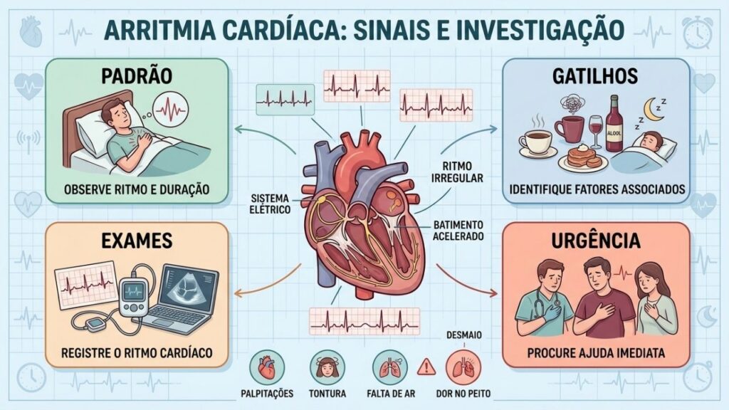Padrão, gatilhos, exames e sinais de urgência orientam a investigação da arritmia.