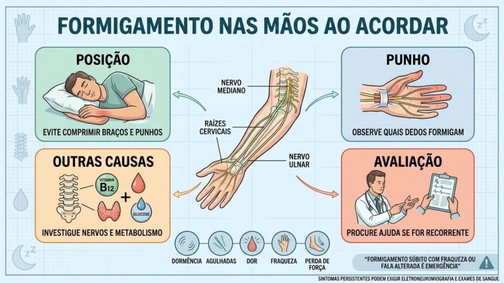 Posição, nervos, causas metabólicas e sinais de alerta orientam a investigação.