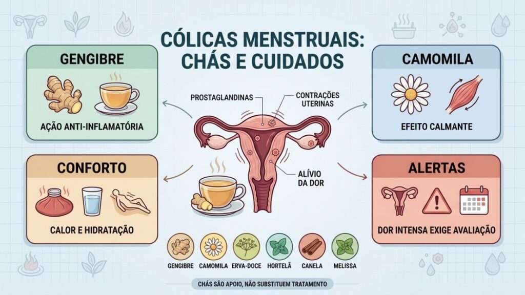 Gengibre, camomila, hidratação e alertas orientam o cuidado menstrual.