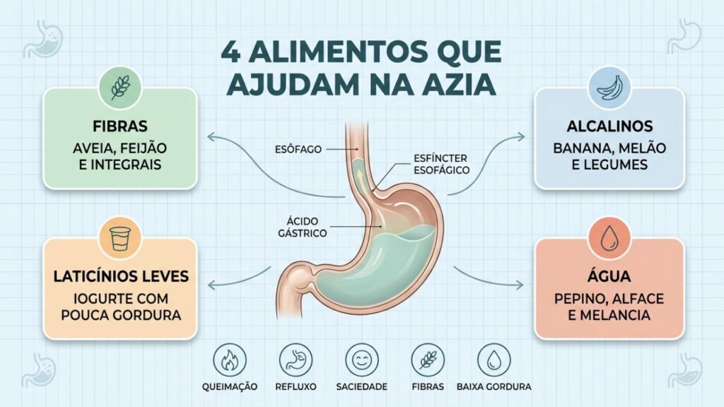Infográfico reúne fibras, alcalinos, laticínios leves e alimentos ricos em água.