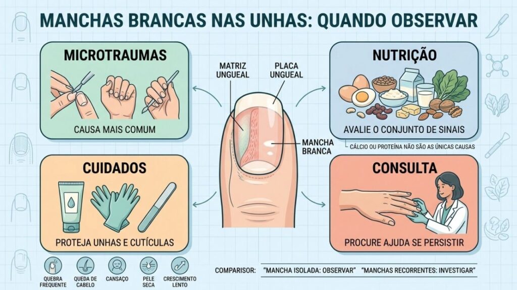 Microtraumas, nutrição, cuidados e sinais associados orientam a avaliação das unhas.