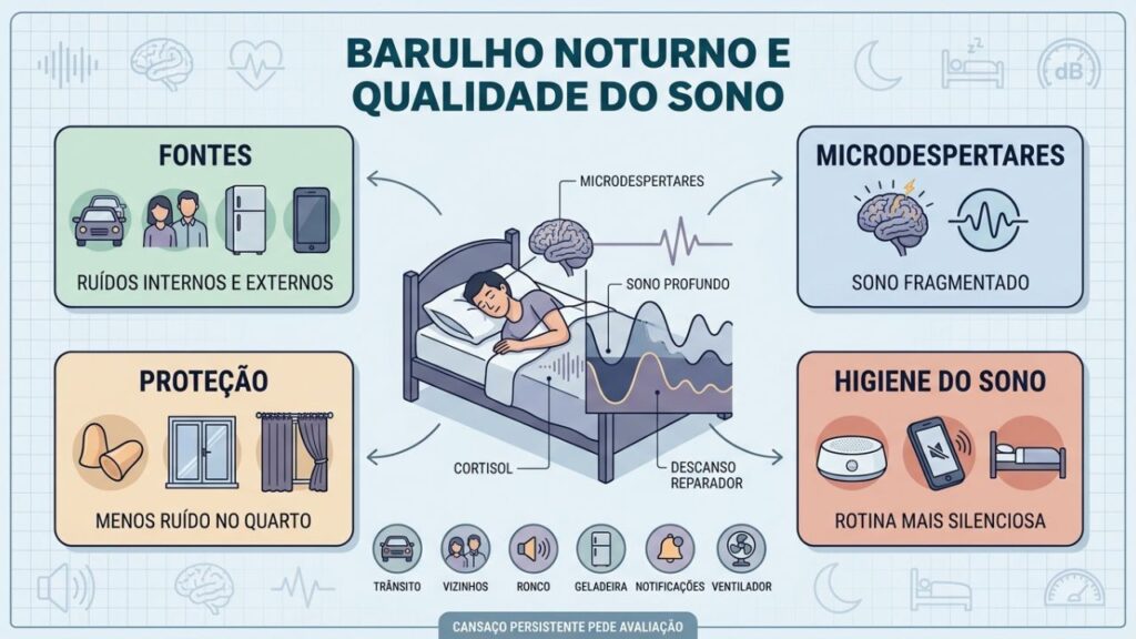 Sono profundo, ruído branco e ambiente silencioso orientam a higiene noturna.