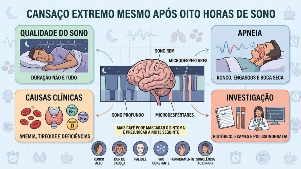 Qualidade do sono, apneia, causas clínicas e exames orientam a investigação.