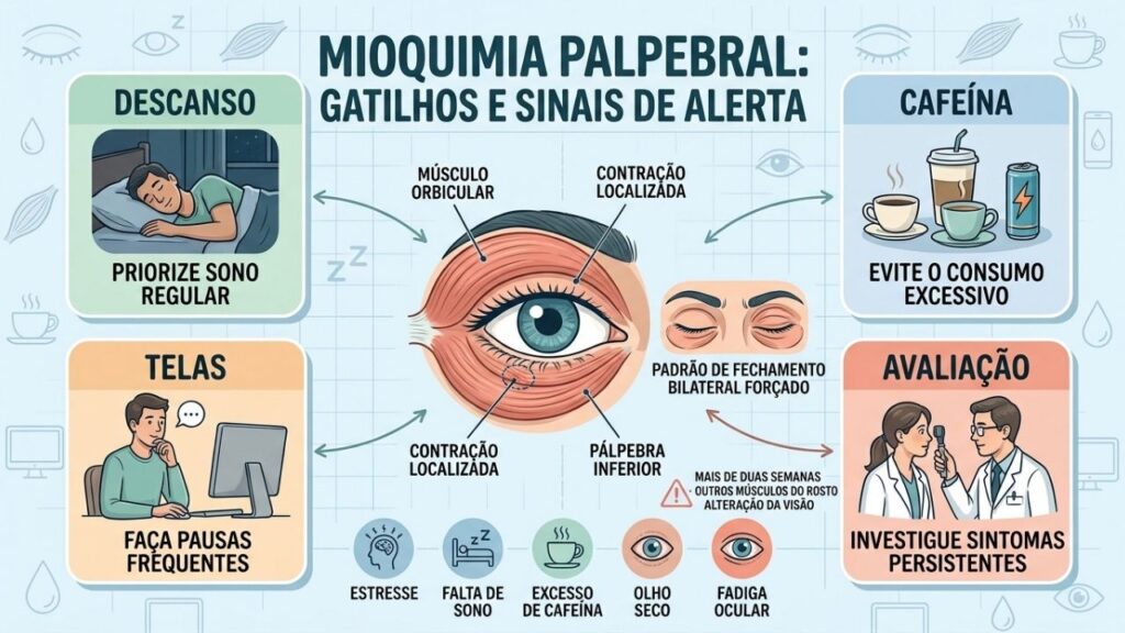 Sono, cafeína, pausas visuais e avaliação ajudam a controlar a mioquimia.