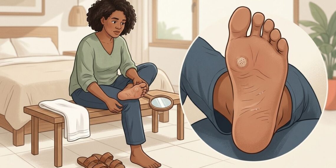 Uma lesão áspera com pequenos pontos pretos na sola do pé pode não ser apenas um calo