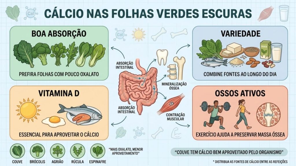 Folhas, vitamina D, variedade e exercício favorecem o aproveitamento do cálcio.