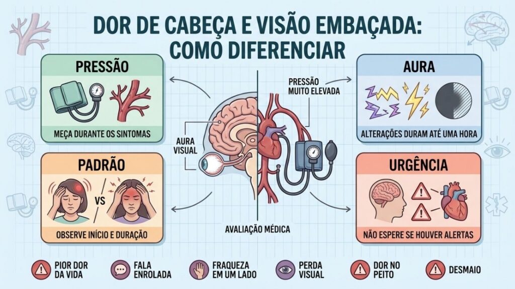 Pressão, aura, padrão dos sintomas e sinais de urgência orientam a decisão.