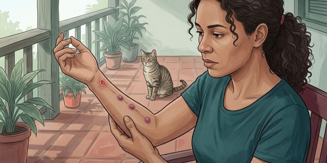Uma ferida que começa como picada e forma novos caroços pelo braço após contato com gato pode ser esporotricose