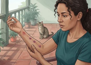 Uma ferida que começa como picada e forma novos caroços pelo braço após contato com gato pode ser esporotricose