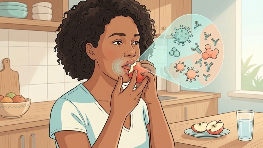 Pêssego, maçã e outros alimentos crus podem causar sintomas imediatos.