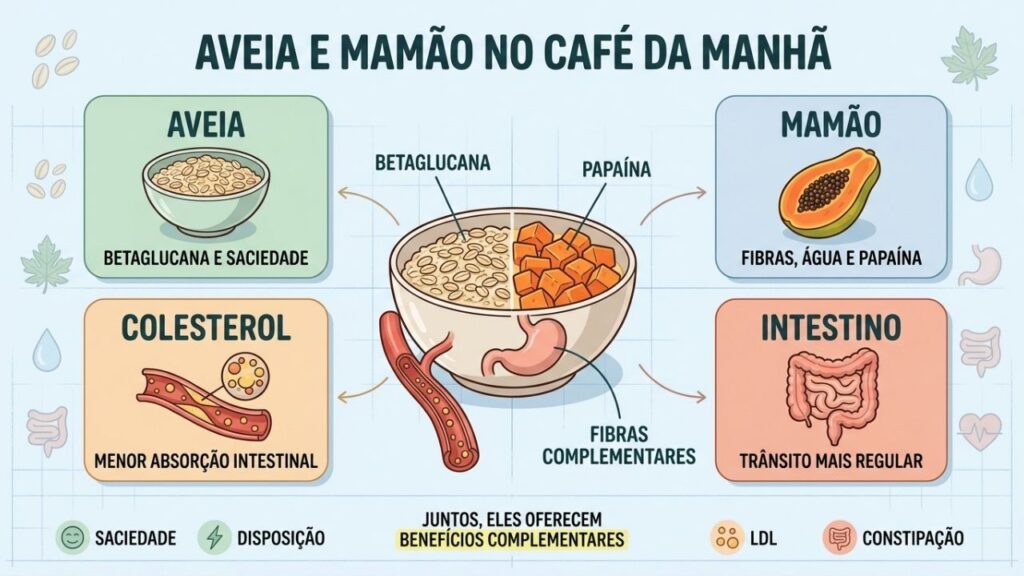 Combinar aveia, mamão, água e movimento favorece intestino, saciedade e colesterol.
