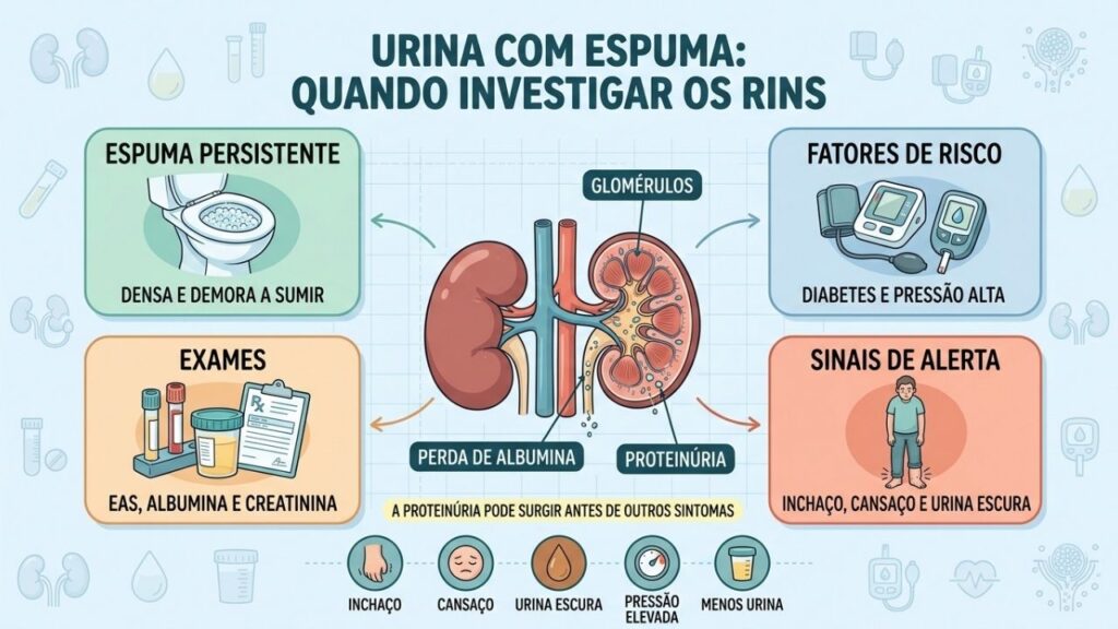 Espuma persistente, fatores de risco e exames orientam a investigação renal.