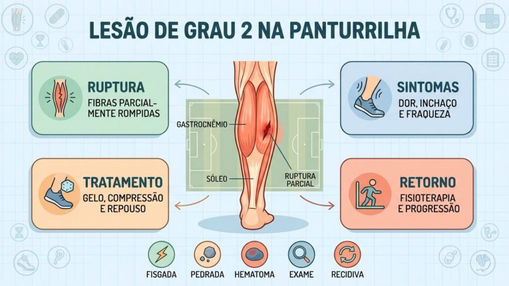 Infográfico mostra ruptura, sintomas, tratamento e retorno seguro após lesão grau 2.