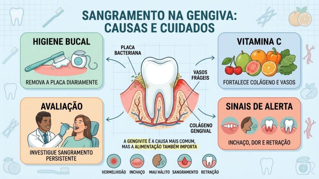 Higiene, vitamina C, avaliação odontológica e sinais de alerta orientam o cuidado.