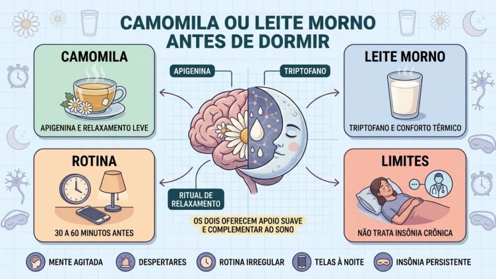 Camomila, leite morno, rotina e limites definem o apoio ao sono.