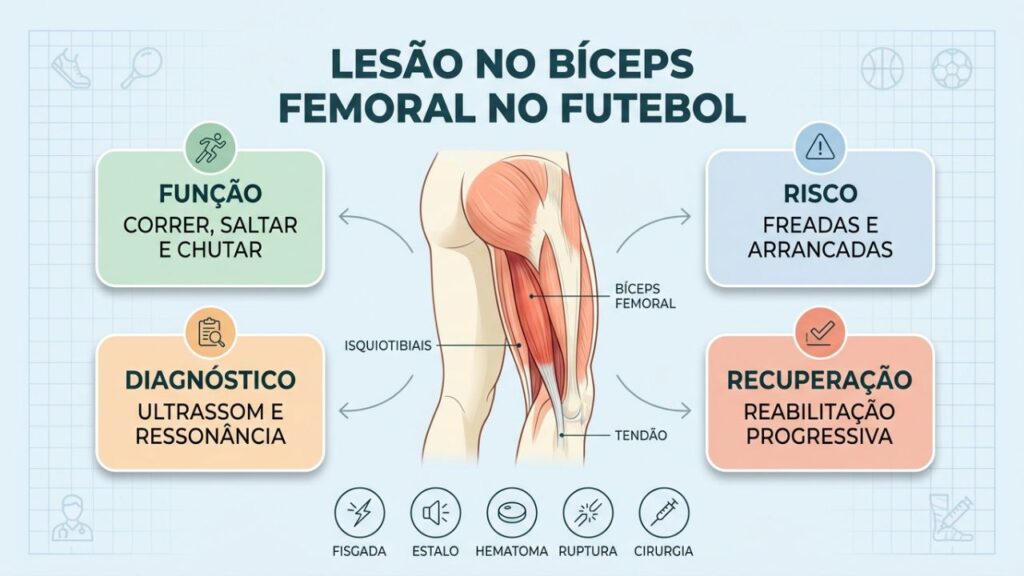 Infográfico explica função, riscos, diagnóstico e recuperação do bíceps femoral.