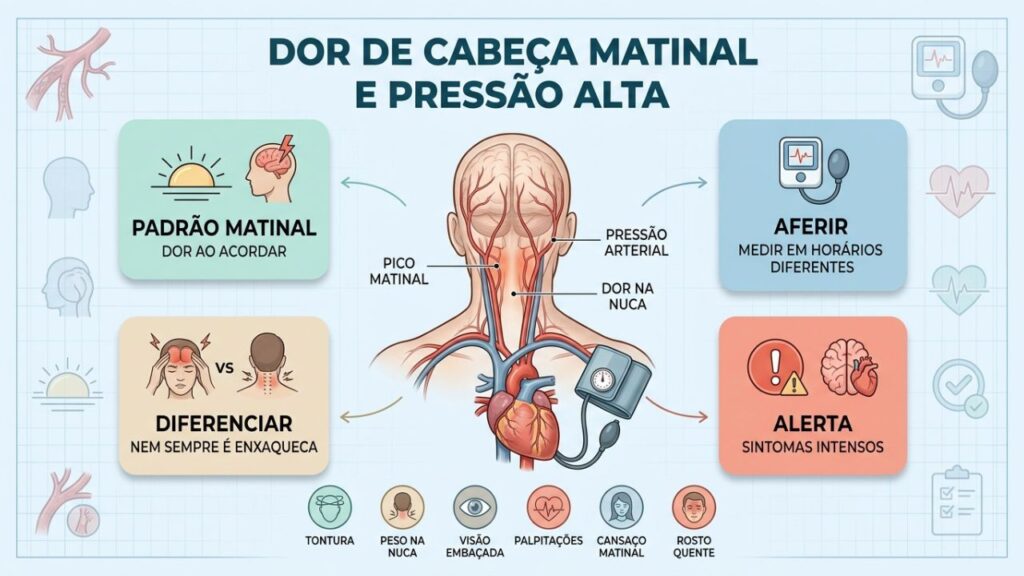 Infográfico relaciona cefaleia matinal, pressão alta, sintomas e sinais de alerta.