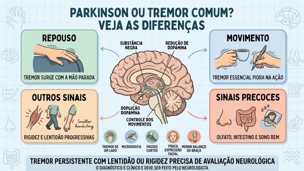 Repouso, movimento, rigidez e sinais precoces ajudam a diferenciar os tremores.