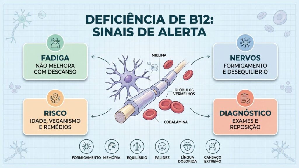 Infográfico diferencia fadiga comum dos sinais neurológicos da deficiência de B12.