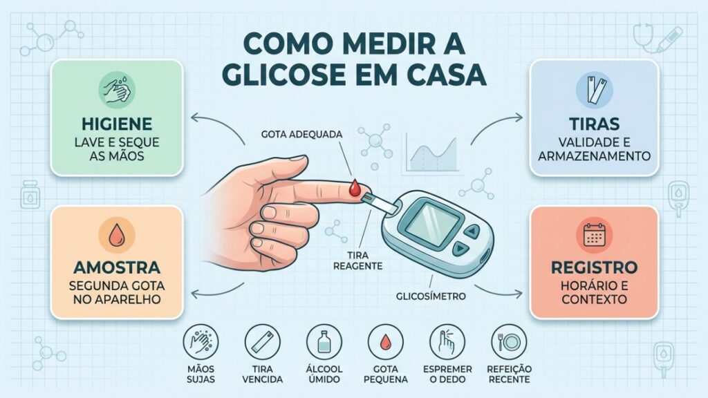 Infográfico mostra técnica correta e fatores que alteram a glicemia.