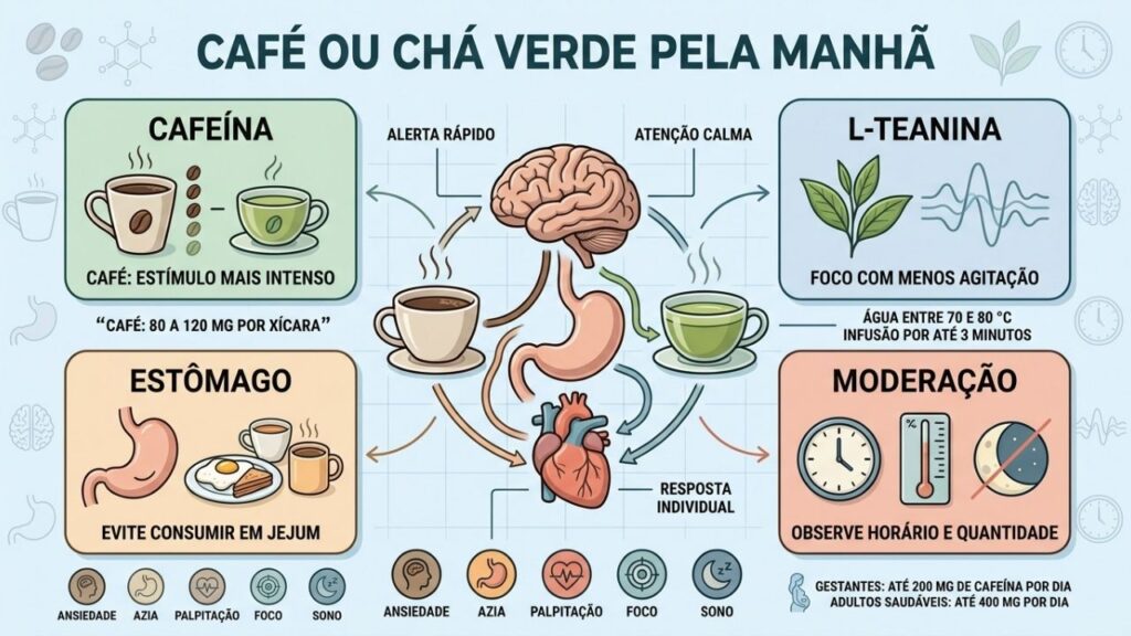 Cafeína, L-teanina, horário e proteção gástrica orientam uma escolha mais confortável.