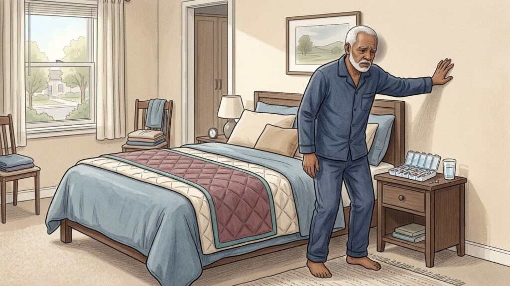 Levantar rápido da cama pode causar tontura, fraqueza e desequilíbrio.