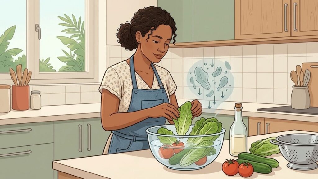 Lavagem, diluição, imersão e enxágue reduzem a contaminação superficial dos vegetais.
