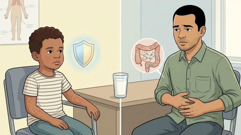 Alergia envolve o sistema imune; intolerância causa sintomas digestivos pela falta de lactase.