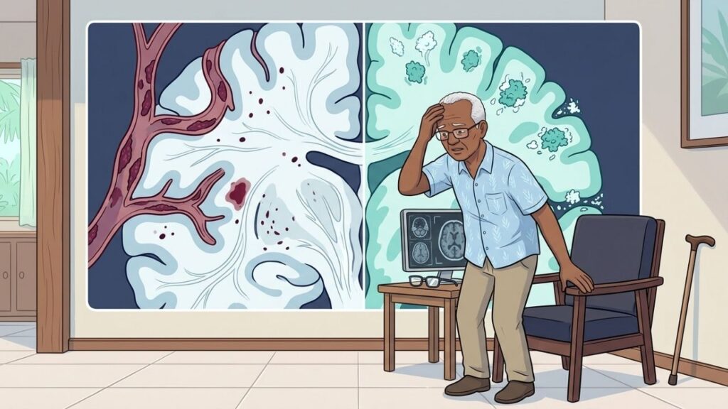 Na angiopatia amiloide, o depósito atinge vasos, não apenas neurônios.